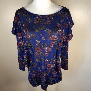 Free People Blue Floral Top Ruffle Cut Out 3/4 Sleeve  Size Medium